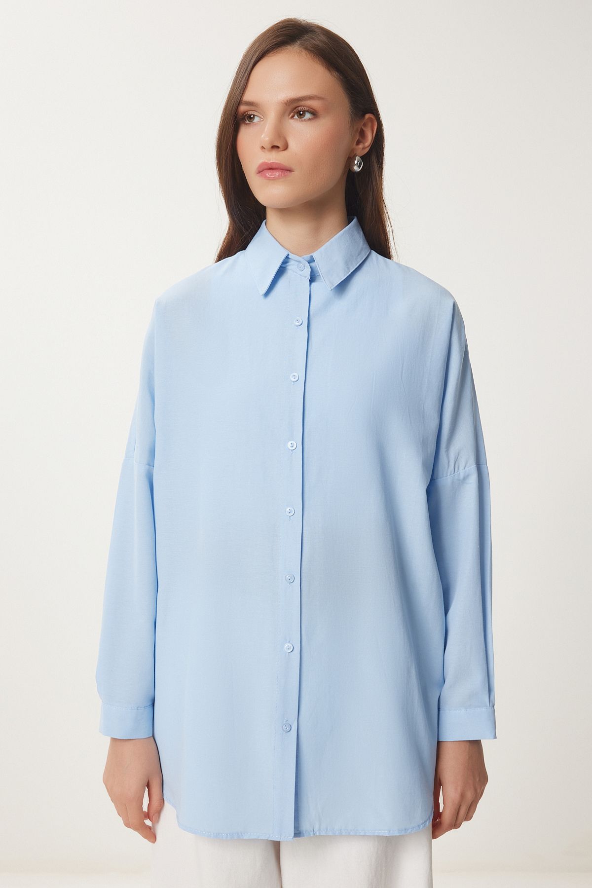Gök Mavi Oversize Uzun Basic Gömlek DD00842