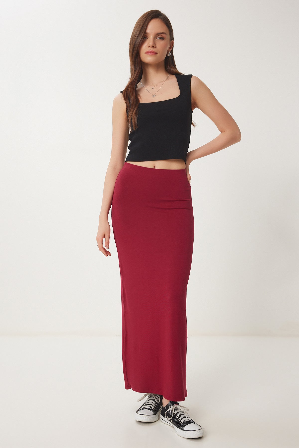Bordo Yırtmaçlı Midi Örme Etek UB00366