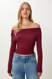 Bordo Büzgülü Kayık Yaka Crop Bluz UB00422
