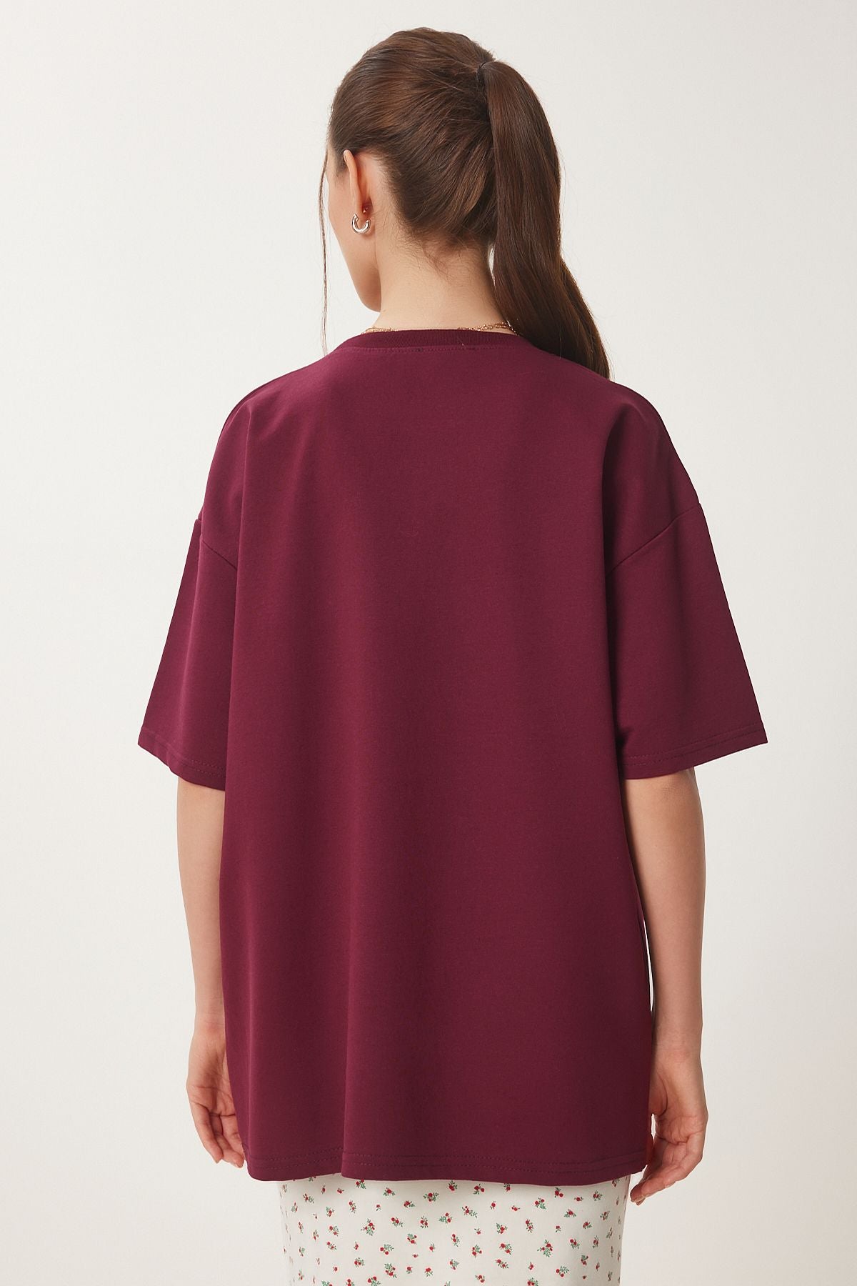 Bordo Oversize Baskılı Örme T-Shirt ZV00280