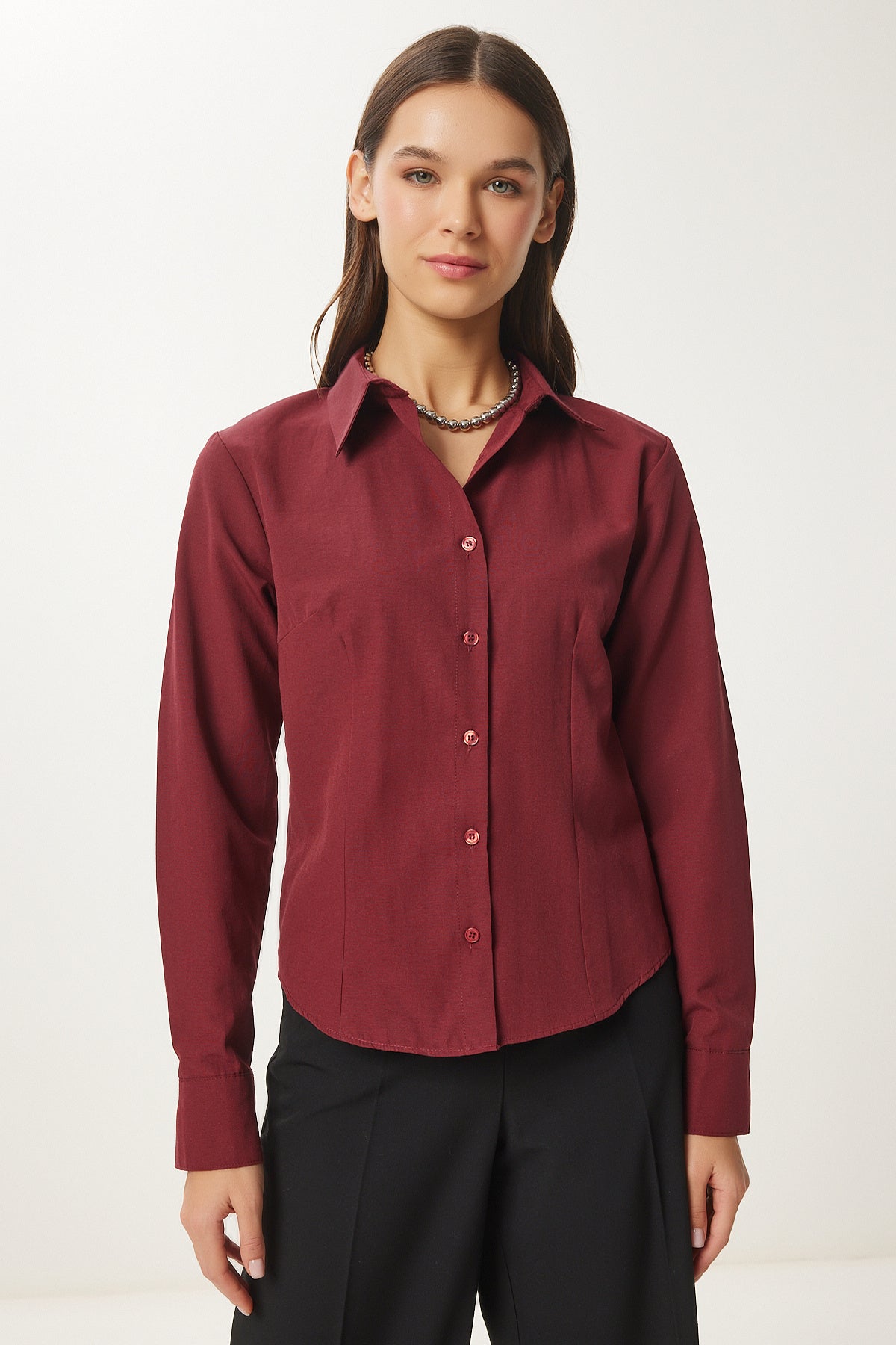 Bordo Düğmeli Basic Gömlek RQ00001