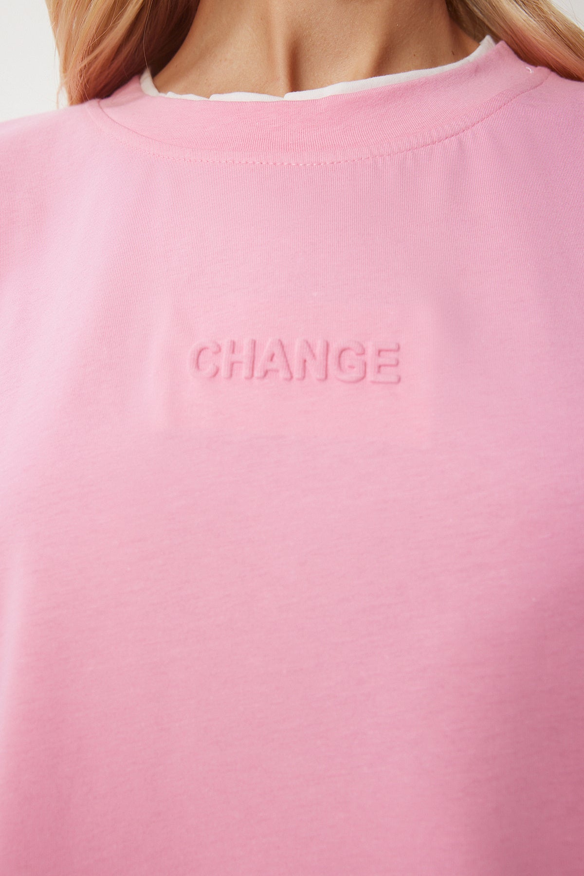Pembe Kontrast Renkli Pamuklu Örme T-Shirt CR00459