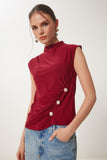 Bordo Drape Detaylı Düğmeli Sandy Bluz RX00057
