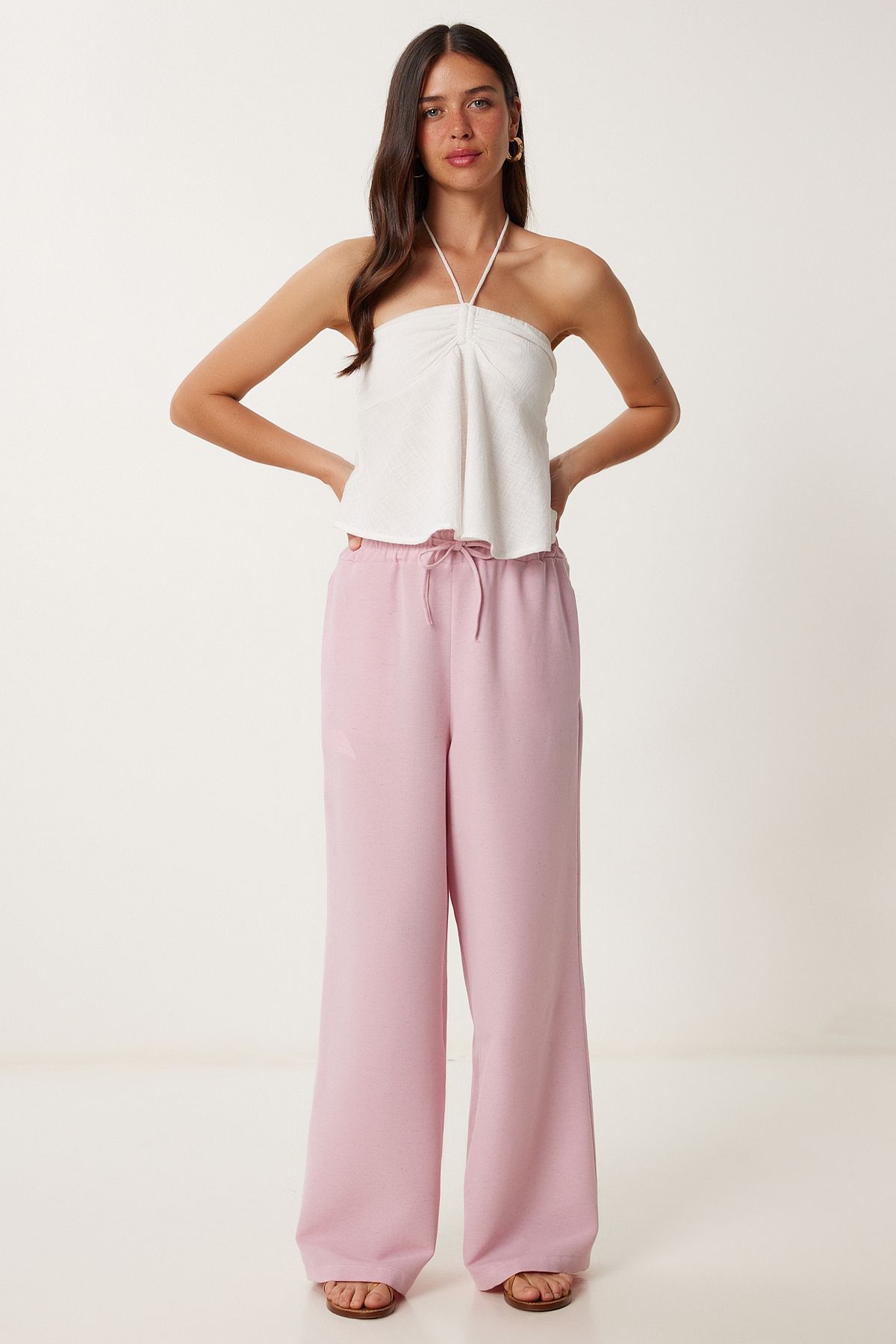 Şeker Pembe Geniş Paça Keten Pantolon DP00261