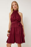 Bordo Halter Yaka Volanlı Viskon Elbise AN00254