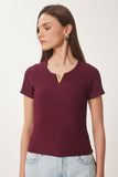 Bordo Gold Aksesuarlı Fitilli Örme Bluz ZV00297