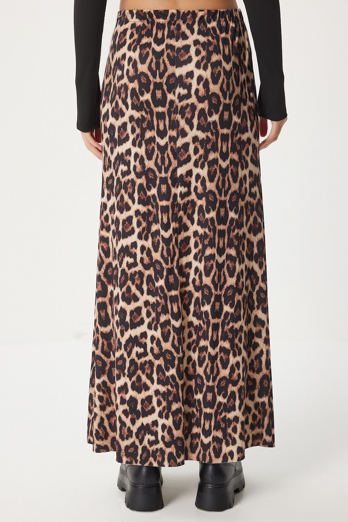Siyah Bej Leopar Desenli Uzun Dokuma Etek RC00155