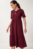 Bordo Oversize Volanlı Yazlık Örme Elbise CR00475
