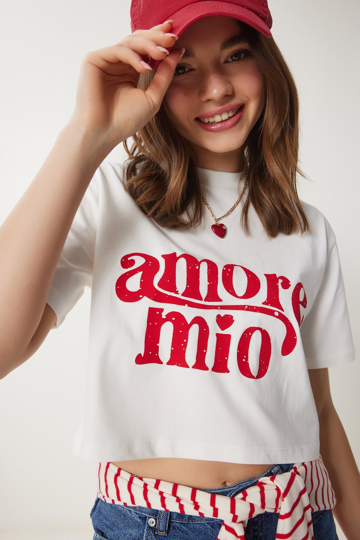 Ekru Baskılı Pamuklu Kısa Örme T-Shirt CR00445