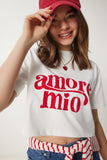 Ekru Baskılı Pamuklu Kısa Örme T-Shirt CR00445