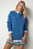 İndigo Mavi Dik Yaka Basic Şardonlu Sweatshirt UB00166
