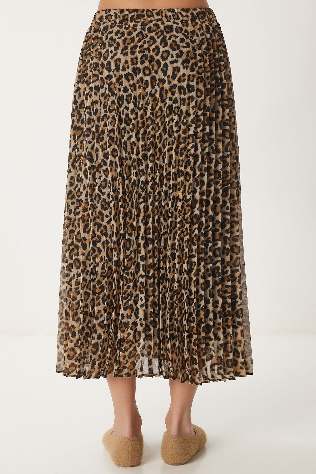 Siyah Bej Leopar Desenli Pileli Dokuma Etek WF00090