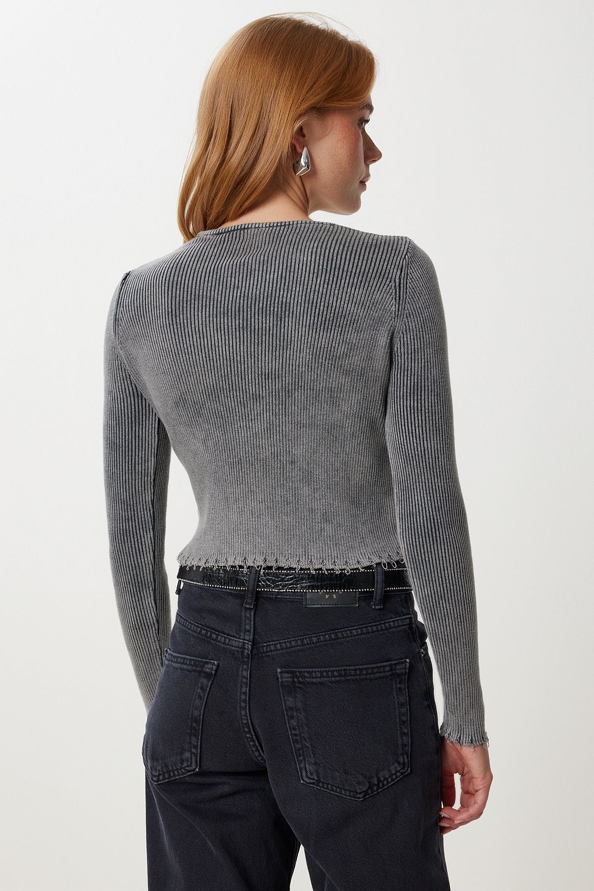 Antrasit Yıkamalı Fitilli Örme Crop Bluz PF00121