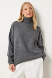 Gri Balıkçı Yaka Oversize Triko Kazak BV00084