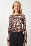 Siyah Bej Leopar Desenli Çıtçıtlı Dokuma Bluz YK00084