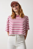Gül Kurusu Bisiklet Yaka Çizgili Crop Örme T-Shirt CR00427