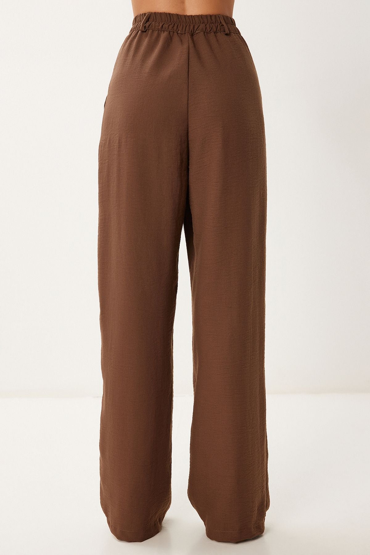 Kahverengi Keten Crop Gömlek Pantolon Takım BV00149