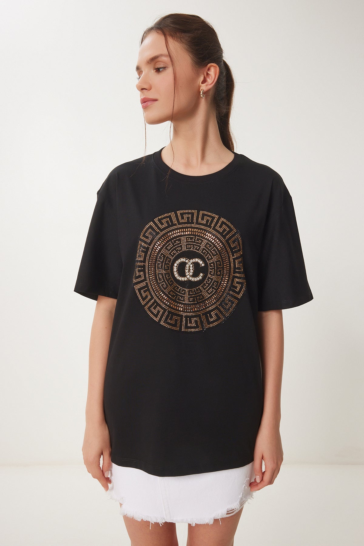 Siyah Şık Taşlı Örme T-Shirt BW00005