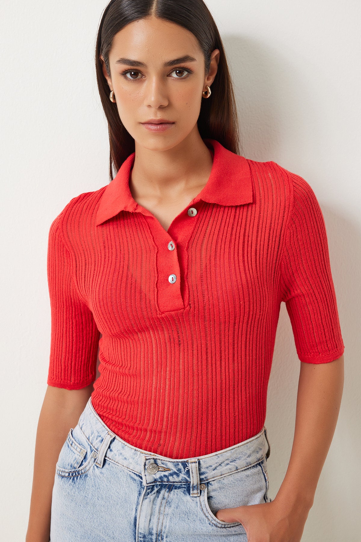 Kırmızı Polo Yaka Hafif Transparan Triko Bluz  FN03211