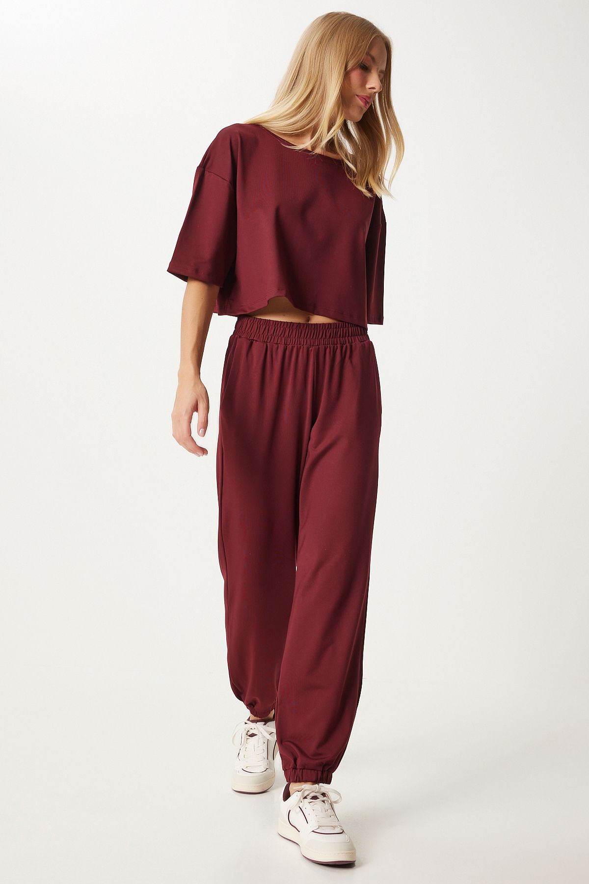 Bordo Crop T-Shirt Jogger Altlı Örme Eşofman Takımı FN03316