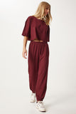 Bordo Crop T-Shirt Jogger Altlı Örme Eşofman Takımı FN03316