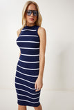 Lacivert Çizgili Yazlık Triko Bodycon Elbise NS00442