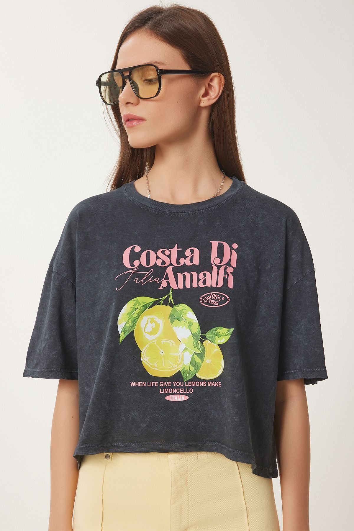 Antrasit Baskılı Yıkamalı Crop Örme T-Shirt AN00237