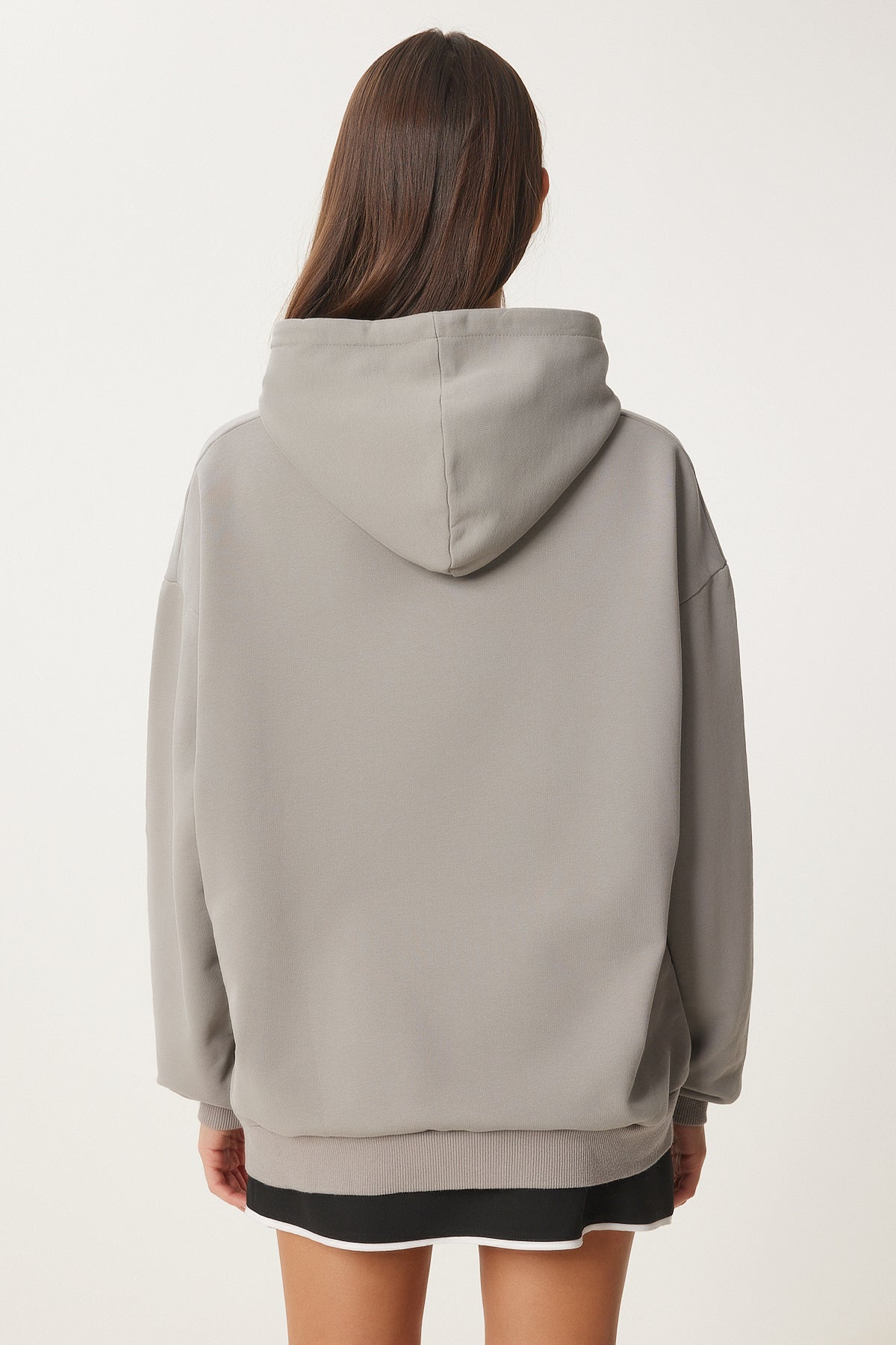 Gri Kapüşonlu Baskılı Oversize Örme Sweatshirt CE00095