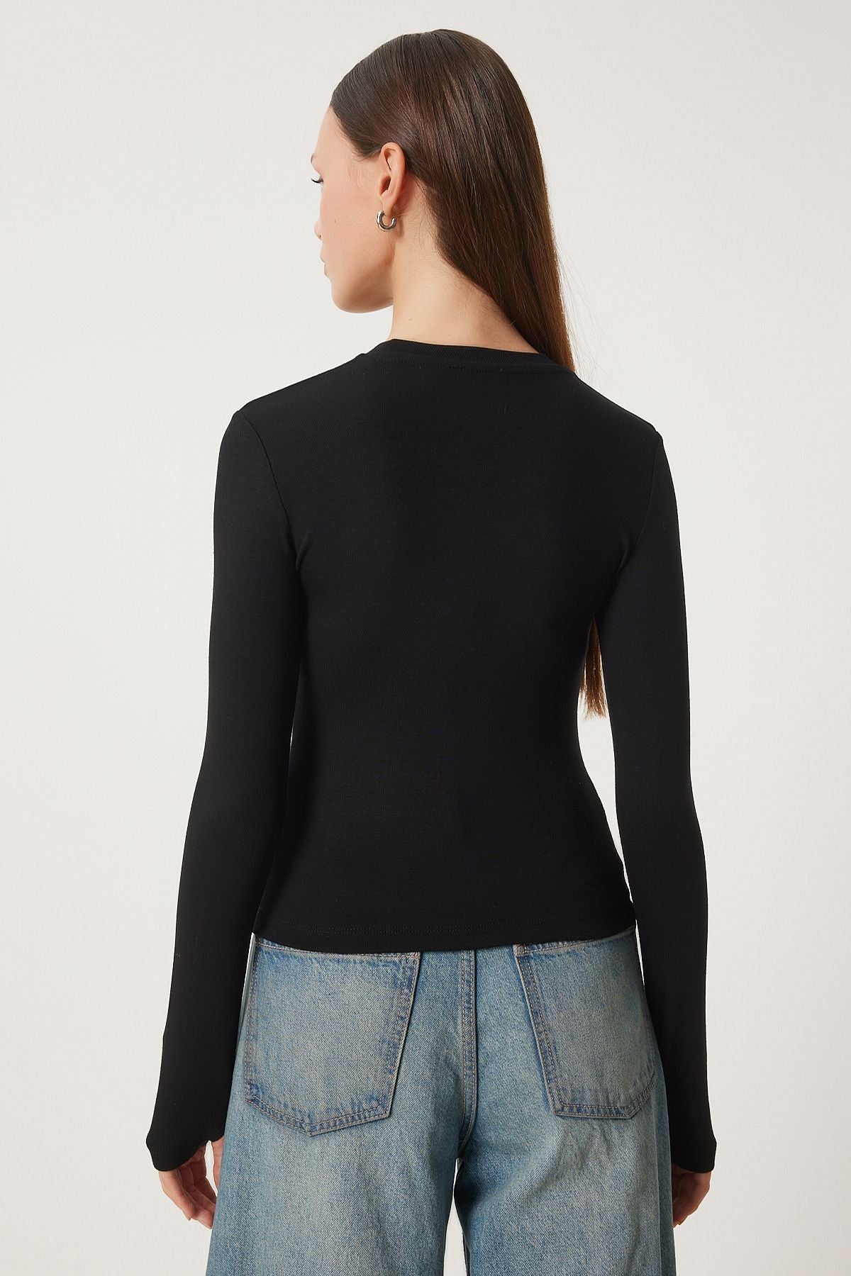 Siyah Bisiklet Yaka Basic Örme Bluz CR00439