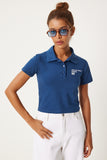 Lacivert Polo Yaka Baskılı Crop Örme T-Shirt AN00205