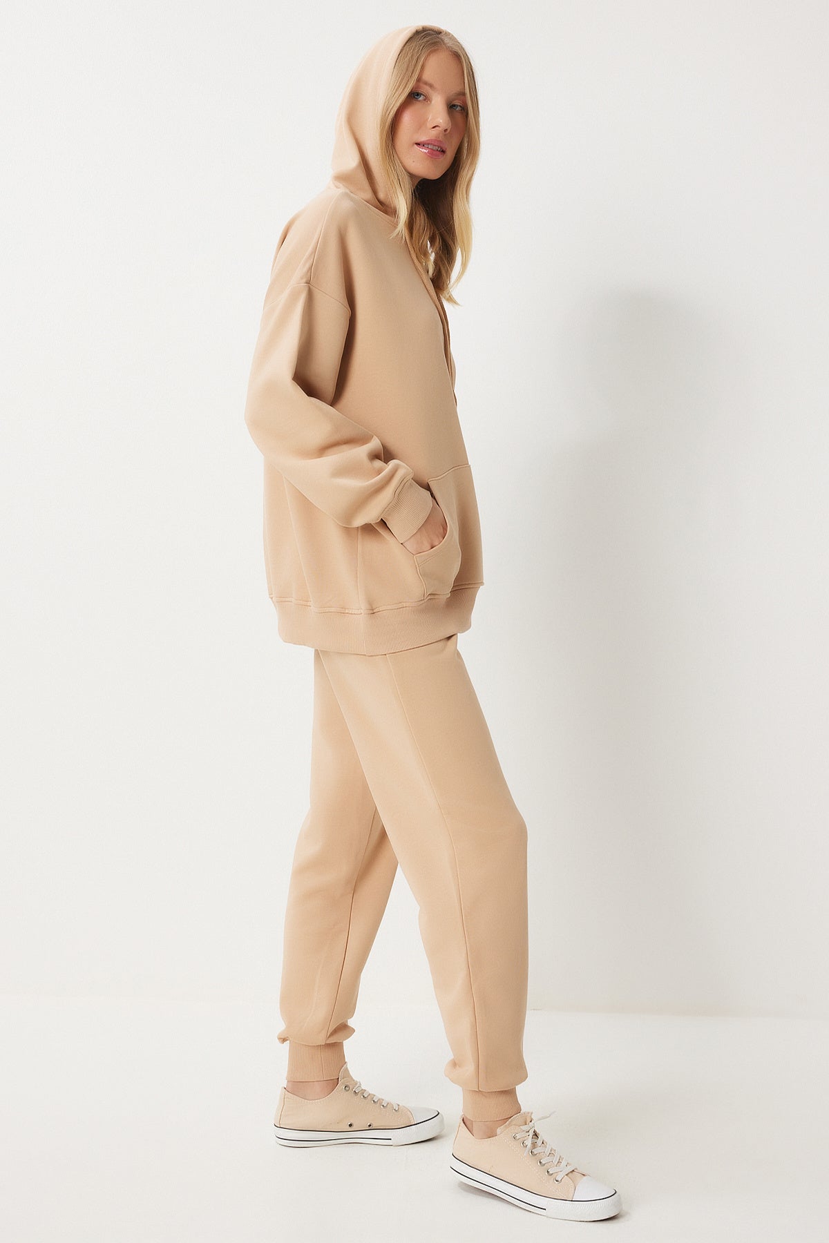 Bisküvi Kapüşonlu Sweatshirt Jogger Oversize Örme Eşofman Takımı PYS0027