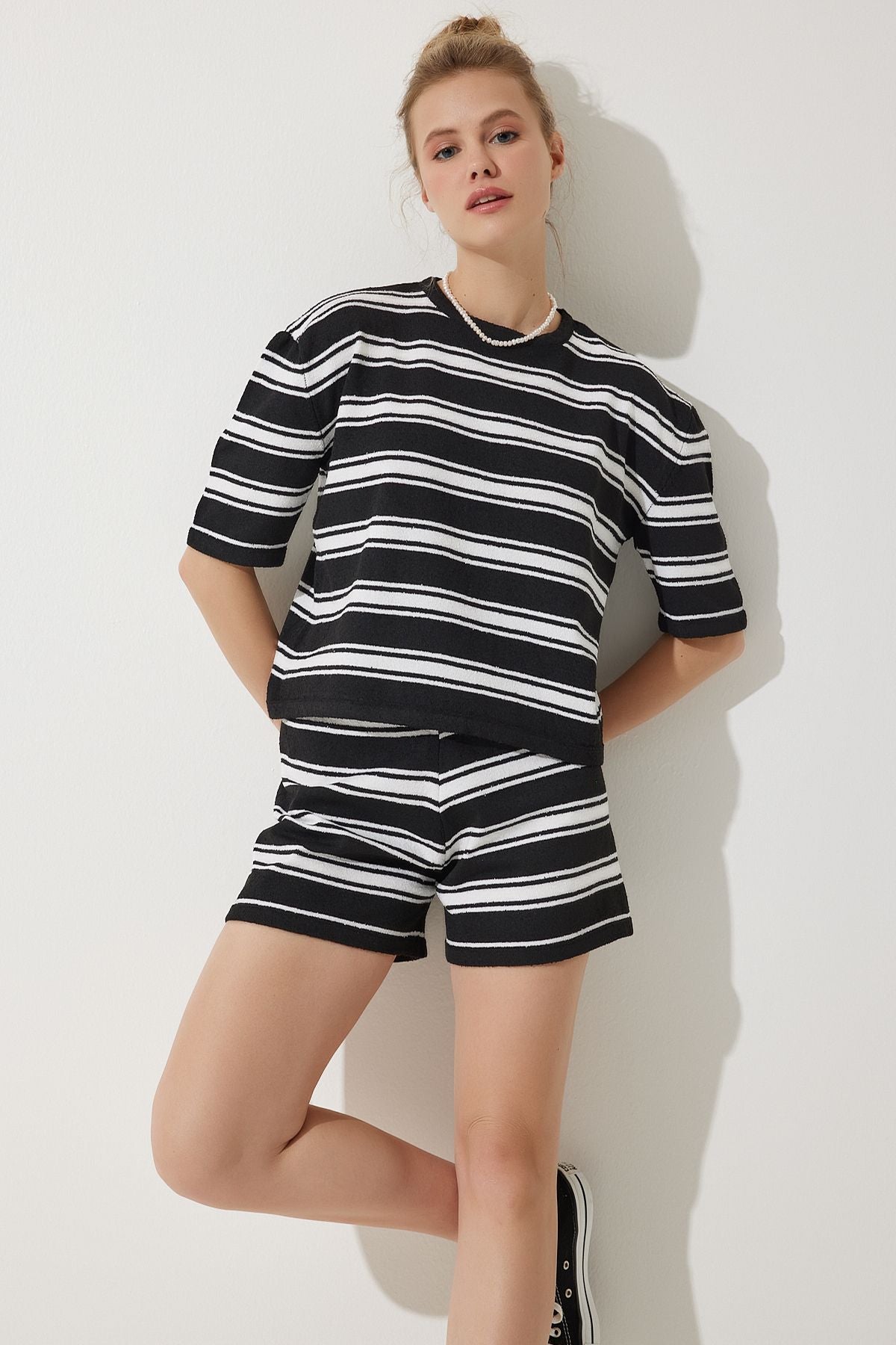 Siyah Çizgili Havlu Tshirt Şort Takım YY00210