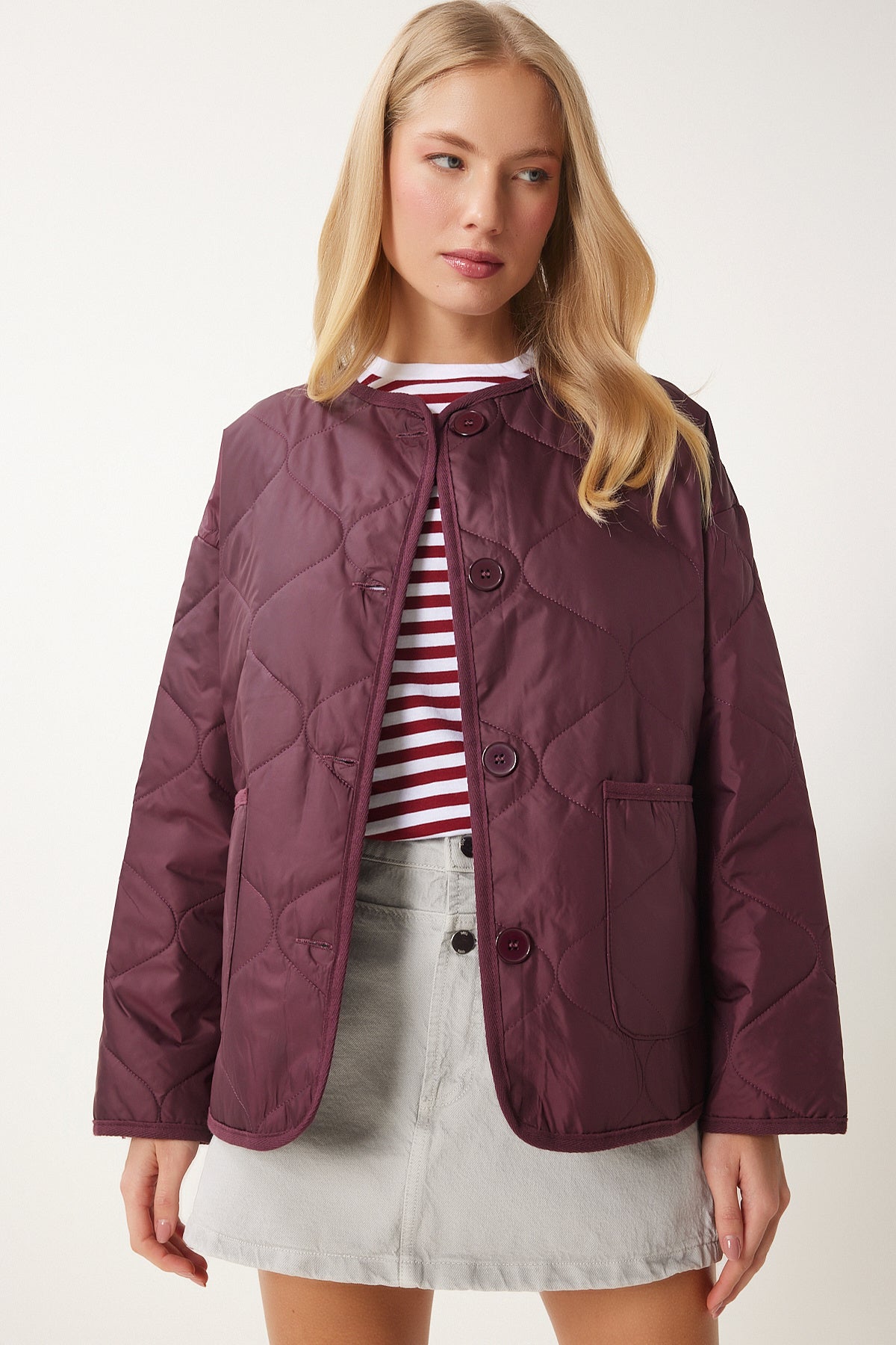 Bordo Geniş Cepli Kapitone Ceket FN03395