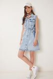 Açık Mavi Kuşaklı Mini Denim Elbise AN00236
