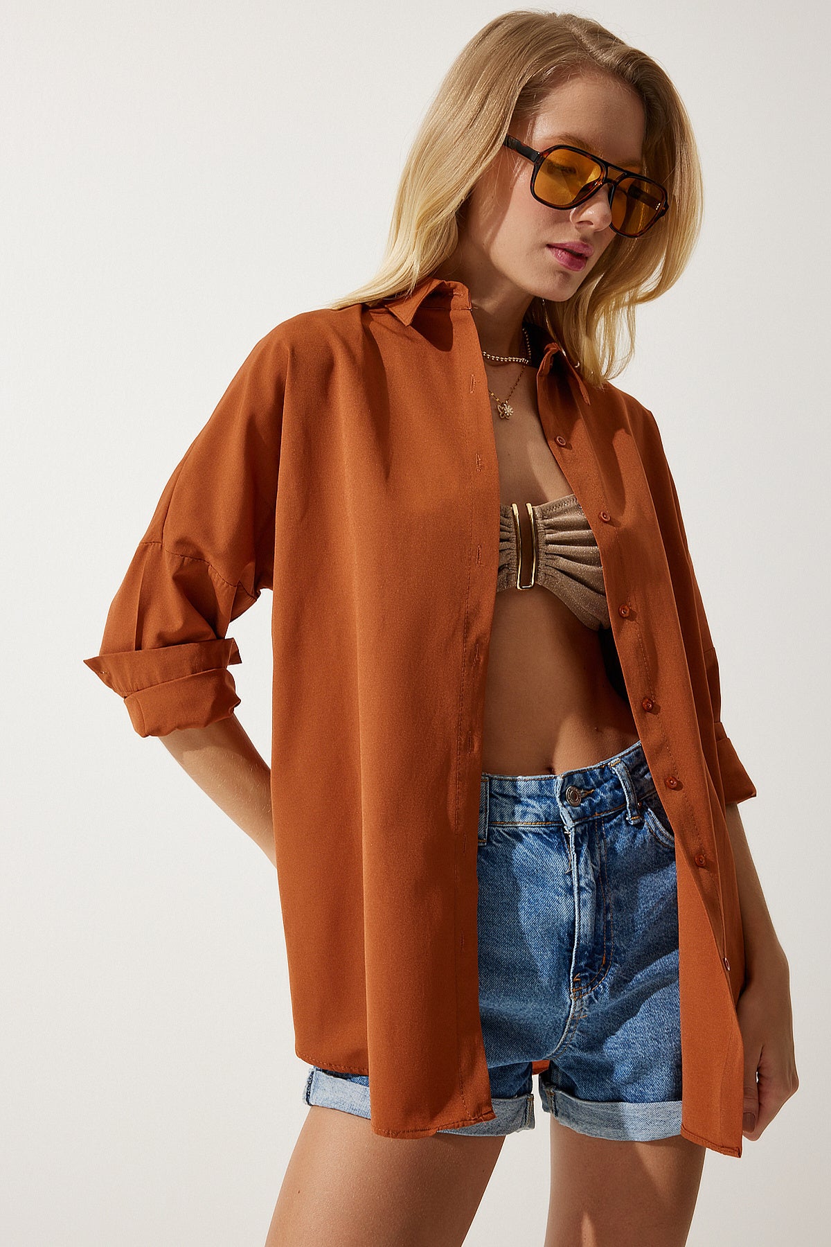 Tarçın Oversize Uzun Basic Gömlek  DD00842