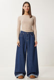Koyu Mavi Yüksek Bel Geniş Paça Jeans RH00032
