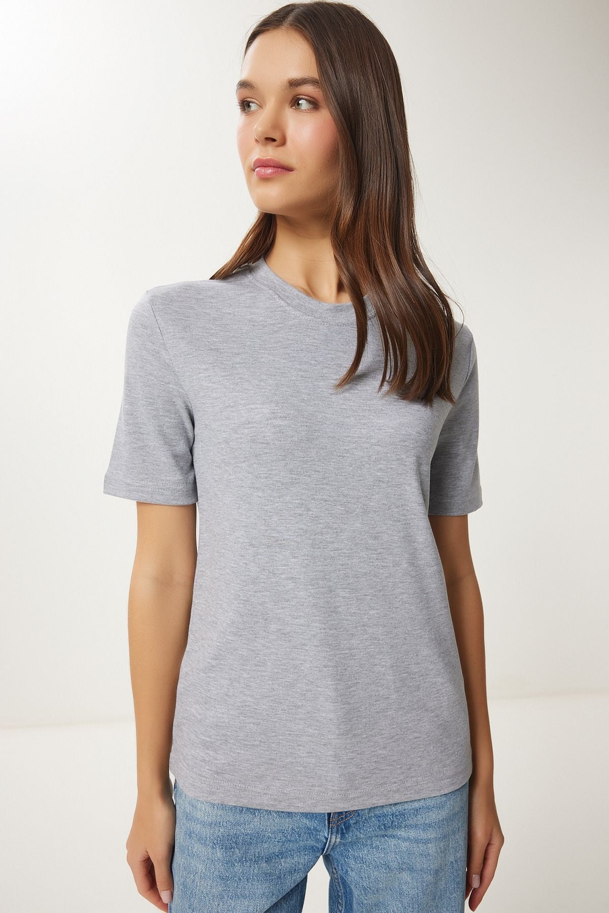 Gri Melanj Pamuklu Basic Örme T-Shirt AG00001