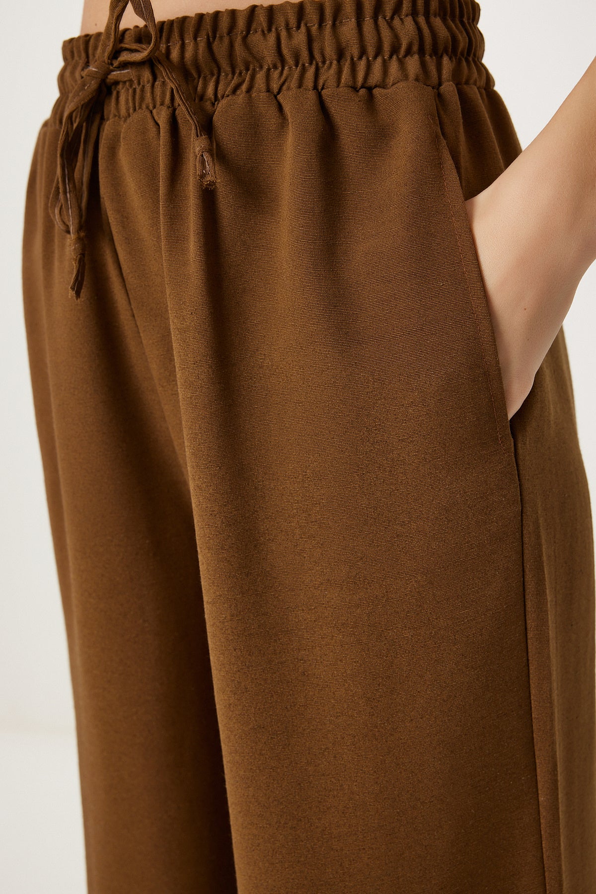 Kahverengi Geniş Paça Keten Pantolon DP00261