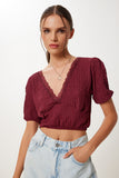 Bordo Balon Kollu Crop Örme Bluz ZV00278