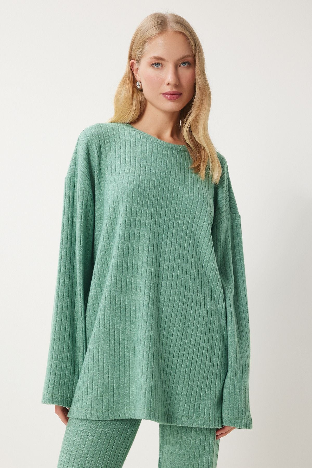 Çağla Yeşili Rahat Fitilli Örme Bluz Pantolon Takım RG00047