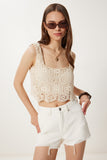 Krem Dantel Detaylı Crop Keten Bluz OK00073