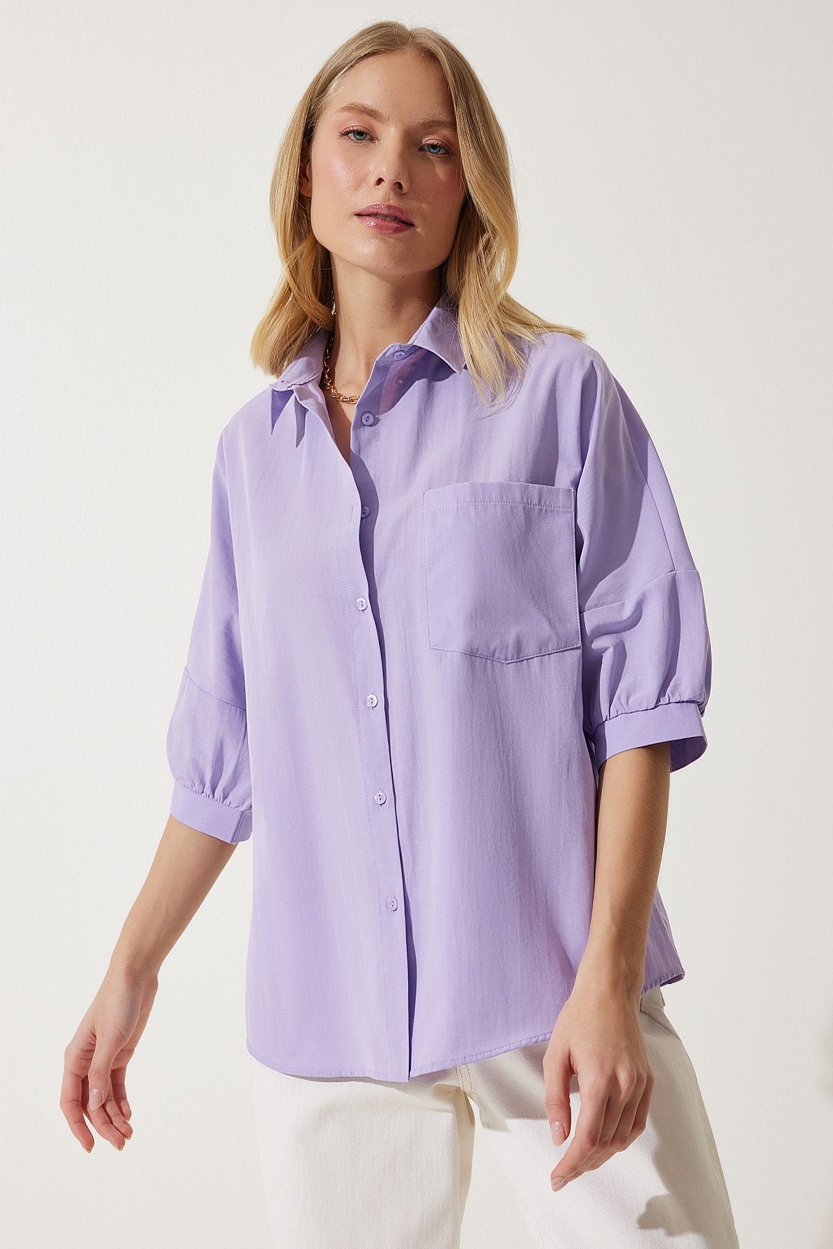 Lila Balon Kollu Poplin Gömlek DD01308
