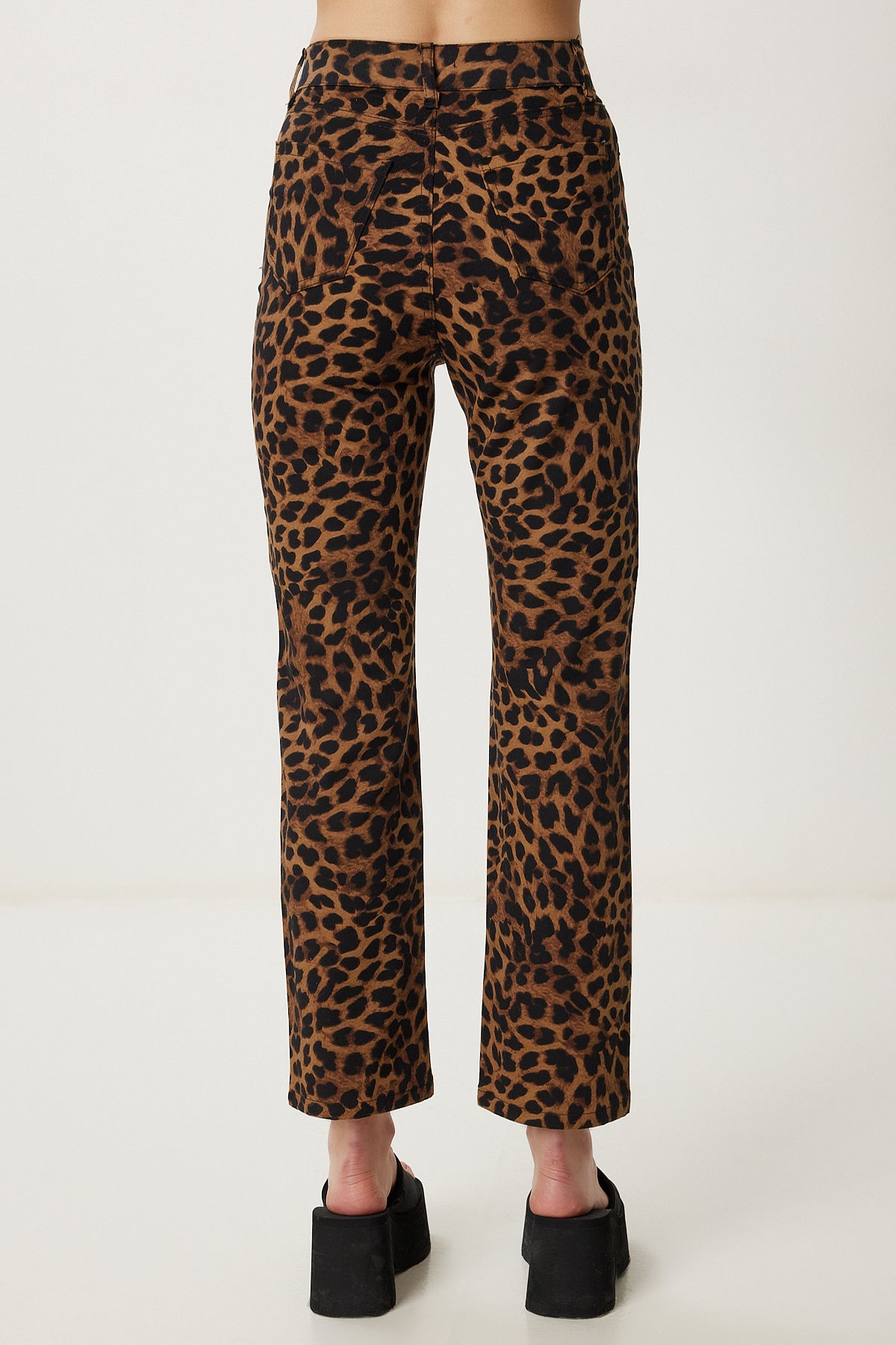 Siyah Bej Leopar Desenli Gabardin Pantolon WF00125