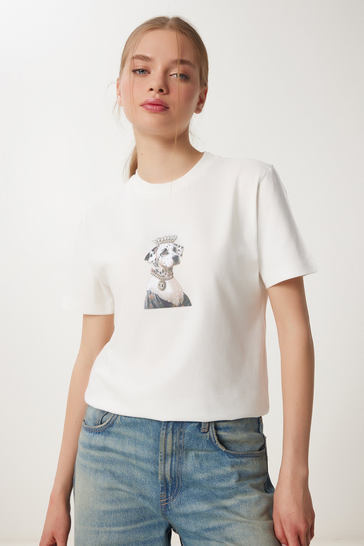 Kemik Şık Taşlı Armalı Pamuklu Örme T-Shirt CR00473