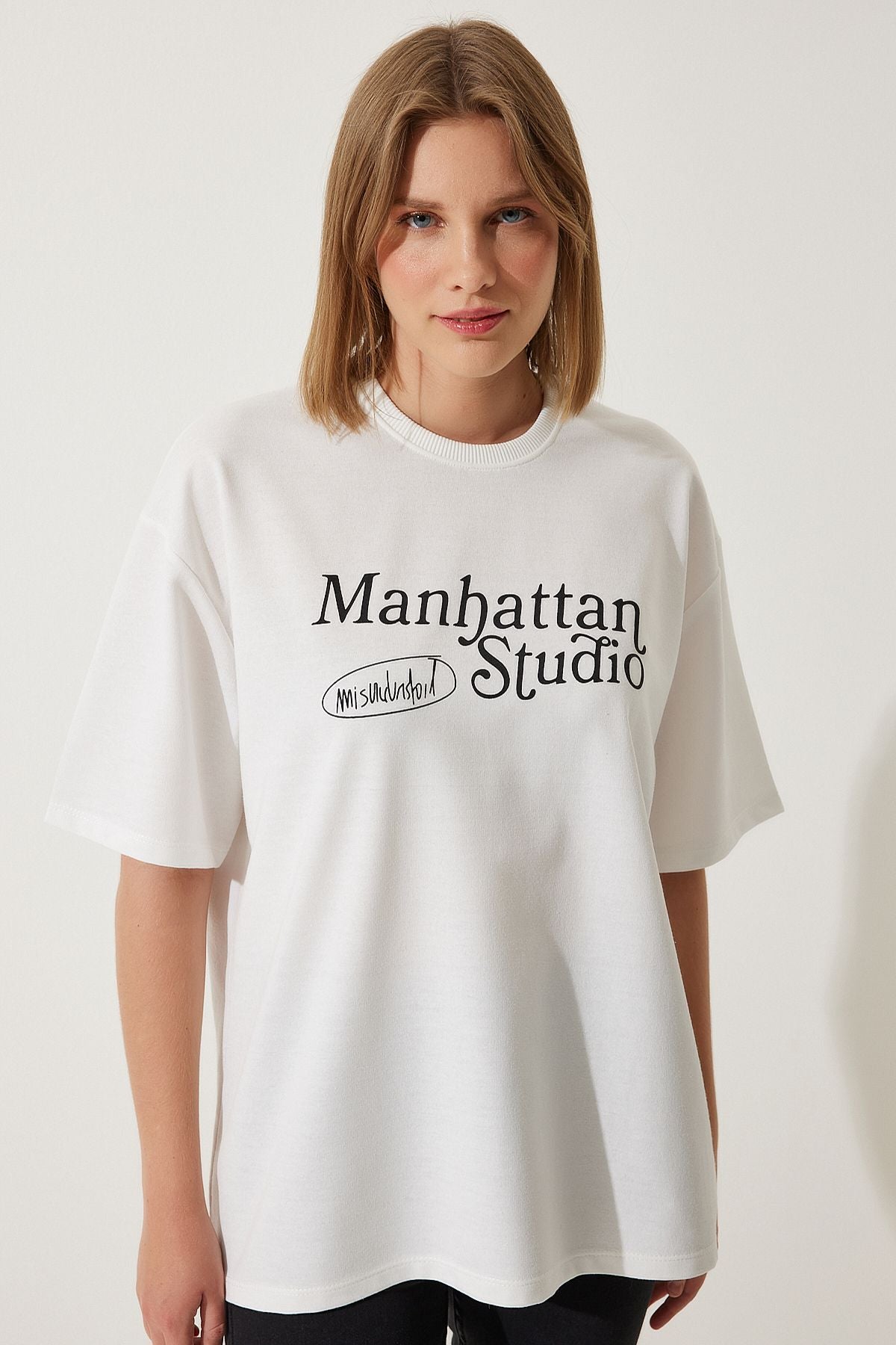 Beyaz Baskılı Oversize İki İplik Örme T-Shirt AN00191