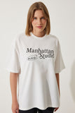 Beyaz Baskılı Oversize İki İplik Örme T-Shirt AN00191