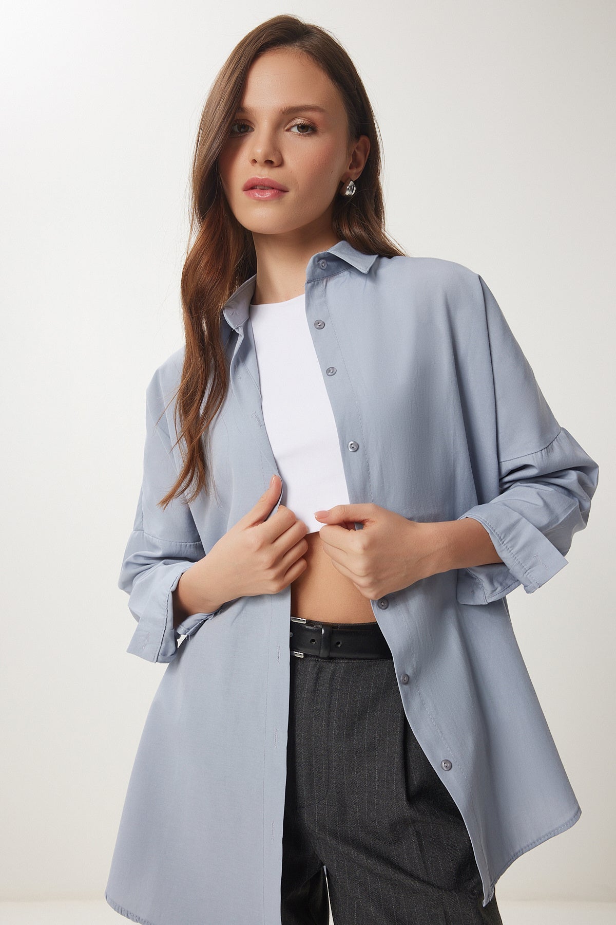 Gri Oversize Uzun Basic Gömlek  DD00842