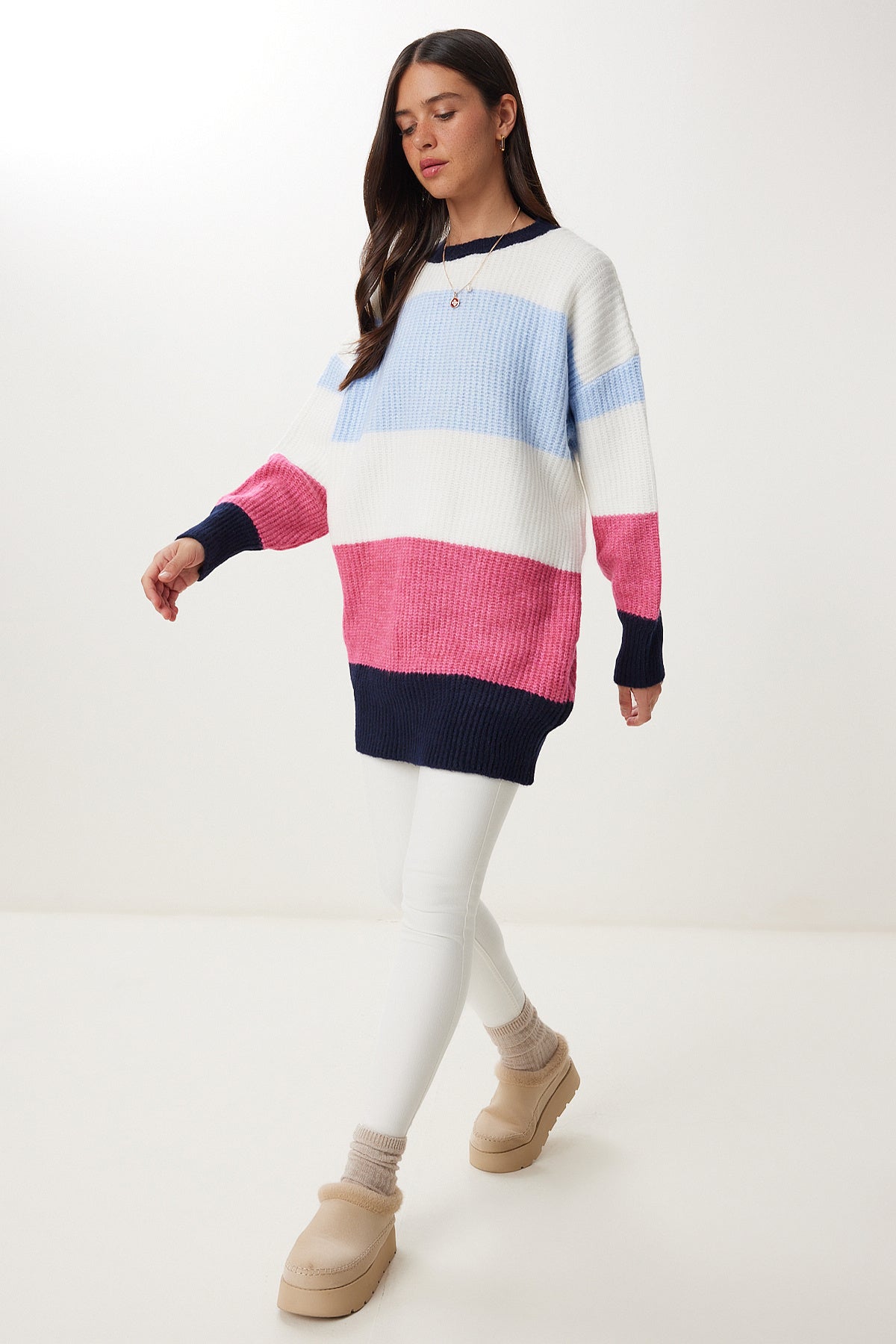 Mavi Ekru Çizgili Oversize Triko Kazak MX00241