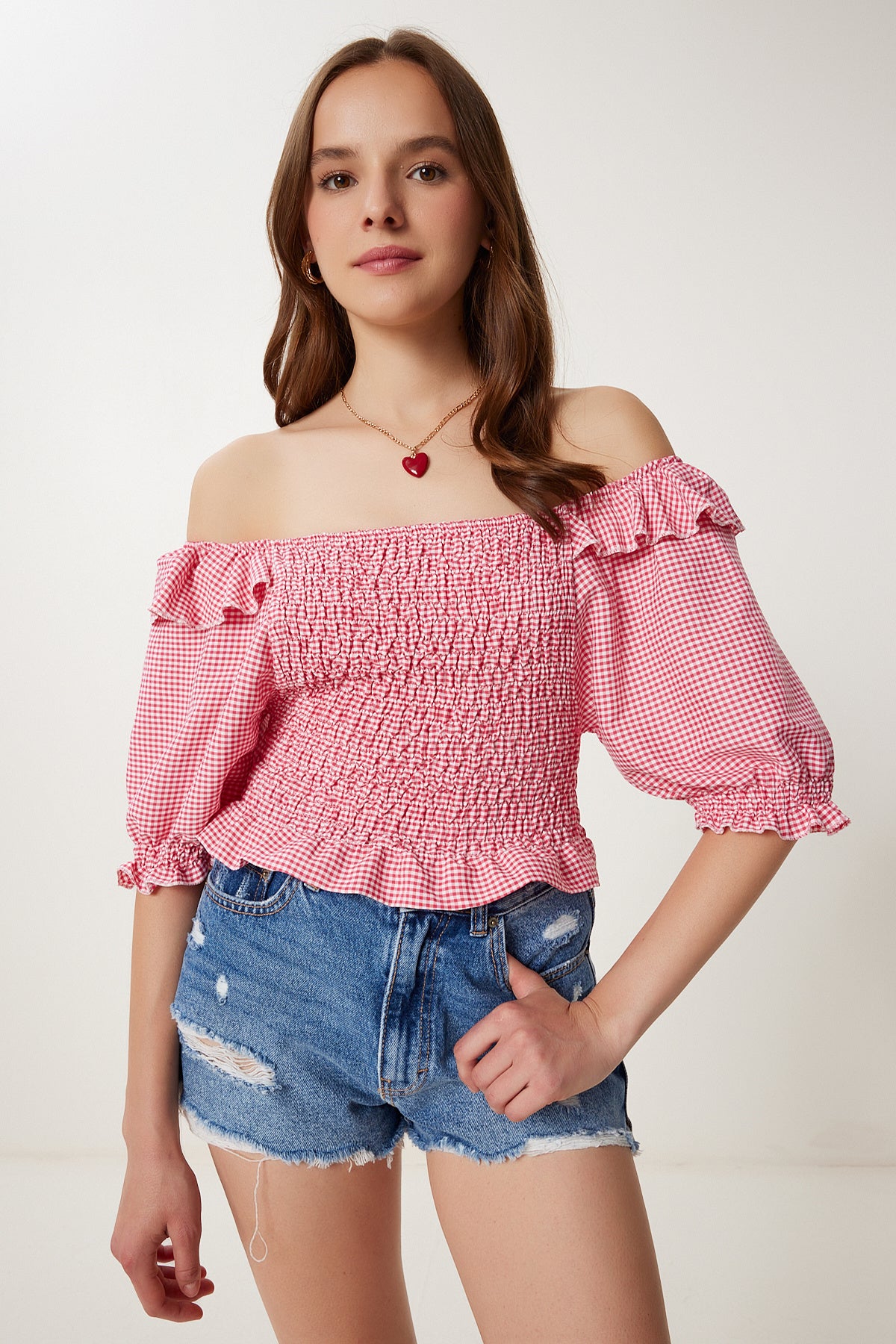 Pembe Kareli Esnek Crop Dokuma Bluz TP00070