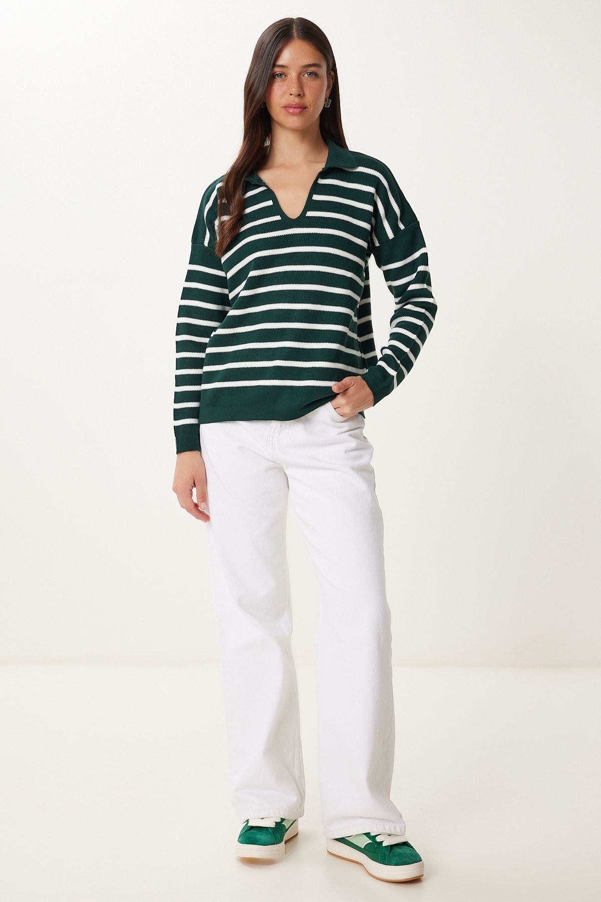 Koyu Yeşil Polo Yaka Crop Triko Kazak  US00293